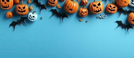 Halloween thematisch Urlaub Dekorationen auf ein Blau Hintergrund Einladung Karte Attrappe, Lehrmodell, Simulation zum ein Party mit Kopieren Raum foto
