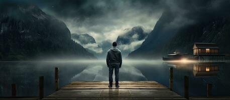 Mann Stehen auf Dock beim Nacht im 2022 Blick beim wolkig Zahlen im dunkel Himmel Über Berge foto