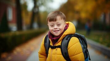 Junge mit Nieder Syndrom geht zu Schule foto