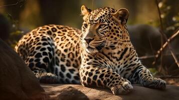 wild Fleischfresser Leopard sitzen und entspannt und starren beim etwas mit Natur Hintergrund. ai generiert foto