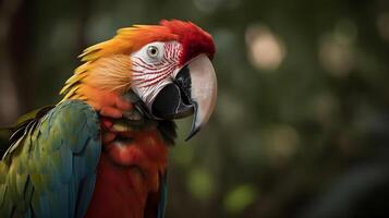 schließen oben Porträt Schuss rot scharlachrot Ara Papagei Vogel Natur verwischen Bokeh Hintergrund. ai generiert foto