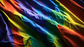 Regenbogen Flagge wie ein Hintergrund, schließen hoch, selektiv Fokus ai generiert foto