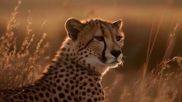 schließen oben Porträt von Seite Gesicht wild Fleischfresser Leopard, starren oder suchen Gerade nach vorne beim Natur Hintergrund. ai generiert foto