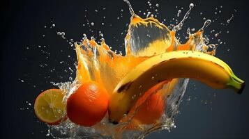 Orange und Banane Obst Wasser Spritzen im das Luft. Obst Explosion Spritzer jeder wo dunkel Hintergrund isoliert. ai generiert foto