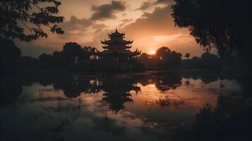 still Sonnenaufgang Über reflektierend See mit szenisch Tempel. ai generiert foto