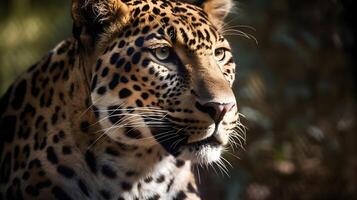 schließen oben Porträt von Seite Gesicht wild Fleischfresser Leopard, starren oder suchen Gerade nach vorne beim Natur Hintergrund. ai generiert foto