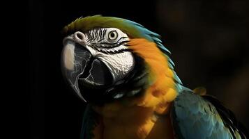 schließen oben Porträt Schuss von schön Blau Gelb Ara Papagei Vogel Kopf. ai generiert foto