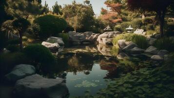 Landschaft von still Garten Fisch Teich mit Ruhe Wasser, Betrachtung auf das Wasser, szenisch Grün, japanisch Teich voll von üppig Garten Pflanze. ai generiert foto