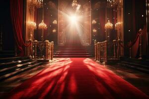 rot Teppich mit Beleuchtung im das Scheinwerfer foto