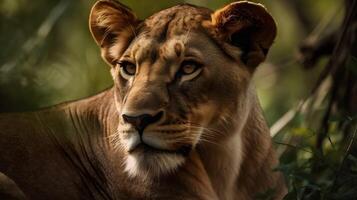 schließen oben Porträt von Seite Gesicht wild Fleischfresser weiblich Löwe, starren oder suchen Gerade nach vorne beim das Savanne Wüste Hintergrund. ai generiert foto