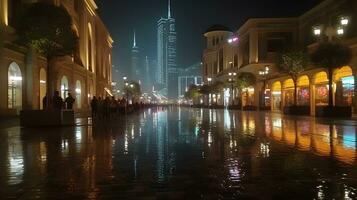 Dubai Stadt Platz beim Nacht mit Wolkenkratzer Hintergrund beschäftigt Nachtleben. ai generiert foto