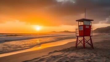 ein schön tropisch sandig Strand mit Abend golden Stunde Sonnenuntergang grell, und Leben bewachen Turm, wolkig Himmel, Berg Cliff beim das Hintergrund, gut zum Hintergrund. Sommer- Strand. ai generiert foto