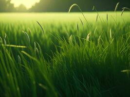 Grün Gras im das Sonne ai generiert foto