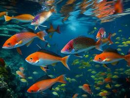 ein Gruppe von Fisch Schwimmen im das Ozean ai generiert foto
