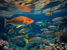 ein Gruppe von Fisch Schwimmen im das Ozean ai generiert foto