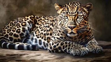 wild Fleischfresser Leopard sitzen und entspannt und starren beim das Kamera mit Natur Hintergrund. ai generiert foto