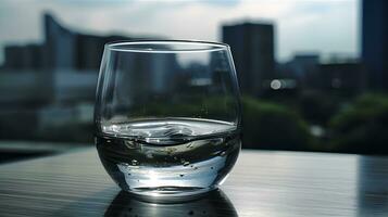 ein Glas Hälfte voll von Weiß Wasser oder Mineral Wasser draussen im das Tabelle mit Stadt Hintergrund. ai generiert foto