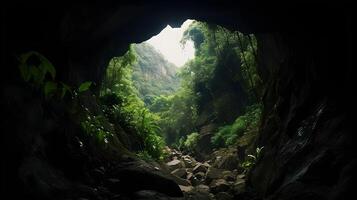 schön Höhle Eingang von Innerhalb von das Mund Höhle mit dunkel, friedlich Umfeld und üppig Grün Landschaft außen. ai generiert foto