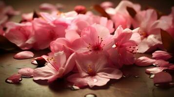 schön schließen oben Rosa Kirsche blühen Blumen oder Sakura Blumen beim das Tabelle mit etwas Wasser Tröpfchen. ai generiert foto