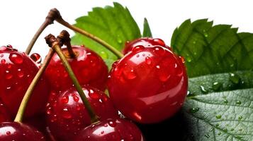 schließen oben Schuss von rot Johannisbeere Obst Blatt im ein Ast mit etwas Wasser Tröpfchen Studio Schuss isoliert auf Weiß Hintergrund. ai generiert foto