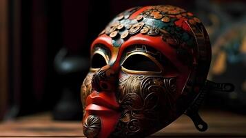 ein japanisch rot voll Gesicht Karneval Maske Festival oder Theater mit dunkel Studio Schuss zum Konzept und kommerziell gebraucht. ai generiert foto