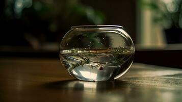 ein runden transparent Aquarium zum Fisch und Wasser- Pflanze oder Terrarium. ein Aquarium mit Hälfte voll von Wasser. ai generiert foto