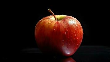 rot Apfel auf schwarz Hintergrund, Nahansicht. frisch, gesund, immer noch Leben. ai generiert foto
