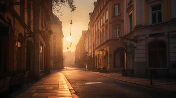 Stadt Straßen beim Abend Sonnenuntergang golden Stunde, dunkel Gasse, atemberaubend die Architektur, fesselnd Straße. ai generiert foto