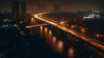 Stadt Horizont beim Dämmerung beleuchtet Abend Reflexionen auf Brücke und Gebäude. ai generiert foto