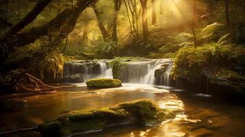 Landschaft von schön neblig Wasserfall versteckt im das tief Urwald und Fluss fließen Schattierung zwischen das hoch Baum beim das Natur. ai generiert foto