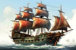 Aussicht von Pirat Schiff im sonnig Ozean ,klassisch Schiff Landschaft ,generativ ai foto