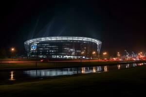 Aussicht von Fußball Stadion Gebäude beim Nacht ,Fußball Stadion beim Nacht ,generativ ai foto