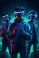 Spieler tragen virtuell Wirklichkeit Brille auf futuristisch Blau Neon- Hintergrund ,generativ ai foto