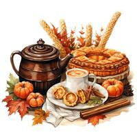 herbstlich heiß Schokolade mit Kuchen Aquarell Illustration ai generativ foto