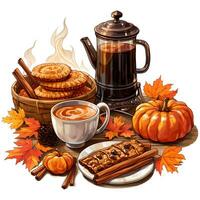 Herbst immer noch Leben mit heiß Schokolade, Kuchen, Beeren und Kürbisse generativ ai foto