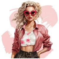 Barbie Mode, schön blond Frau im ein Porträt tragen ein Rosa modisch Outfit ai generativ foto