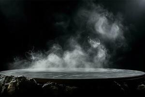 Podium mit Nebel und Rauch auf ein schwarz Hintergrund ai generativ foto