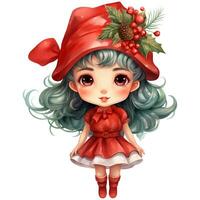 süß wenig Mädchen mit rot Weihnachten Kostüm und Stechpalme Kranz ai generativ foto