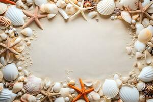 Rahmen gemacht von Muscheln und Seestern auf Sand Hintergrund ai generativ foto