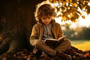 ein Kind ist lesen ein Buch im Herbst Park. süß Kinder haben Spaß draußen ai generativ foto