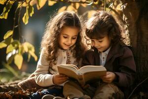 ein Kind ist lesen ein Buch im Herbst Park. süß Kinder haben Spaß draußen ai generativ foto