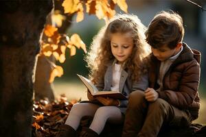 ein Kind ist lesen ein Buch im Herbst Park. süß Kinder haben Spaß draußen ai generativ foto