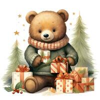 süß Teddy Bär halten ein Stapel von Weihnachten Geschenke auf Weiß Hintergrund Illustration ai generativ foto