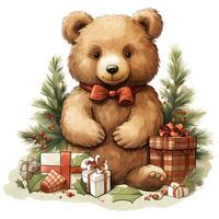 süß Teddy Bär halten ein Stapel von Weihnachten Geschenke auf Weiß Hintergrund Illustration ai generativ foto