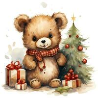 süß Teddy Bär im ein Santa claus Hut mit ein Geschenk und ein Weihnachten Baum ai generativ foto