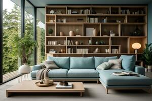 modern Leben Zimmer Innere mit aqua Sofa und Bücherregal .generativ ai foto