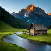 ai generativ Landschaft Berg mit Hütte foto