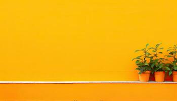 ai generiert bunt Minimalismus hell Orange Mauer Hintergrund mit eingetopft Pflanzen auf das Seite. foto