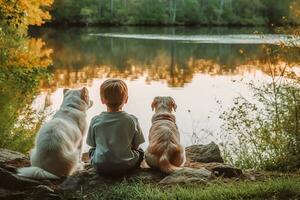 Kinder und Hund in der Nähe von das Fluss, ai generiert foto