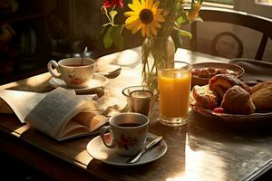 Morgen Kaffee und Zeitung auf ein gemütlich Frühstück Tisch. foto